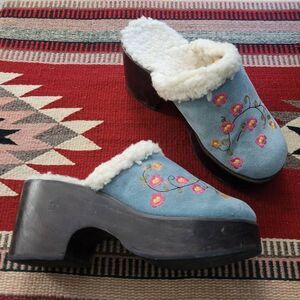 Colin Stuart Leather Embroidered Platform Wooden Clogs Sz 7 Blue‎ Faux Shearling
